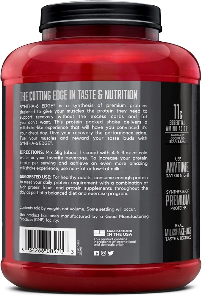 BSN SYNTHA-6 Edge Protein Powder, Vanilla Protein Powder with Hydrolyzed Whey, Micellar Casein, Milk Protein Isolate, Low Sugar, 24g Protein, Vanilla Milkshake, 48 Servings
