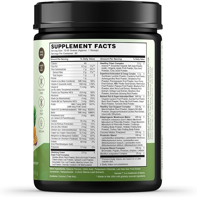 TERRA ORIGIN Healthy Greens Powder, Superfoods, Probiotics, Enzymes, Immune & Digestive Support, Energy & Wellness Boost, Gut Health, 30 Servings (1-Pack, Tropical Passionfruit)