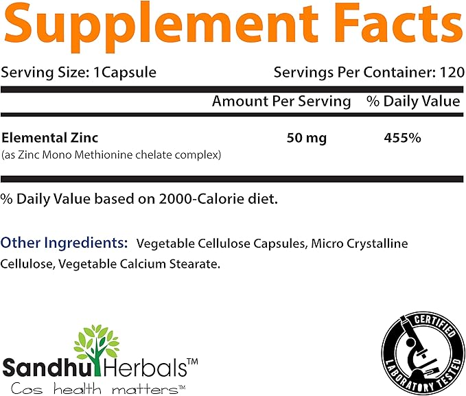Sandhu Herbals Zinc 50mg Supplement for Men & Women| High Absorption Zinc Monomethionine Complex 120 Capsules (Pack of 2)| Zinc Supplements for Immune, Acne & Antioxidant Support