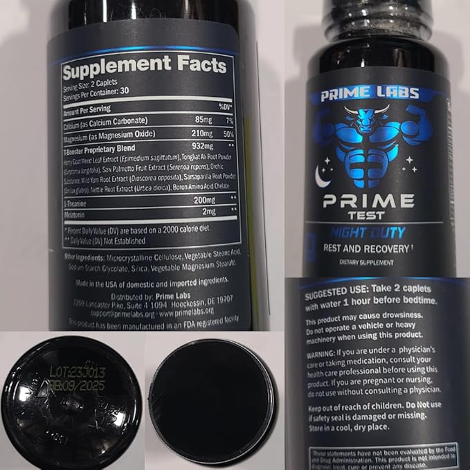 Prime Labs – Prime Test Night Duty – Nighttime Testosterone Booster & Sleep Support – Testosterone Booster for Men – PM Rest & Muscle Recovery Supplements