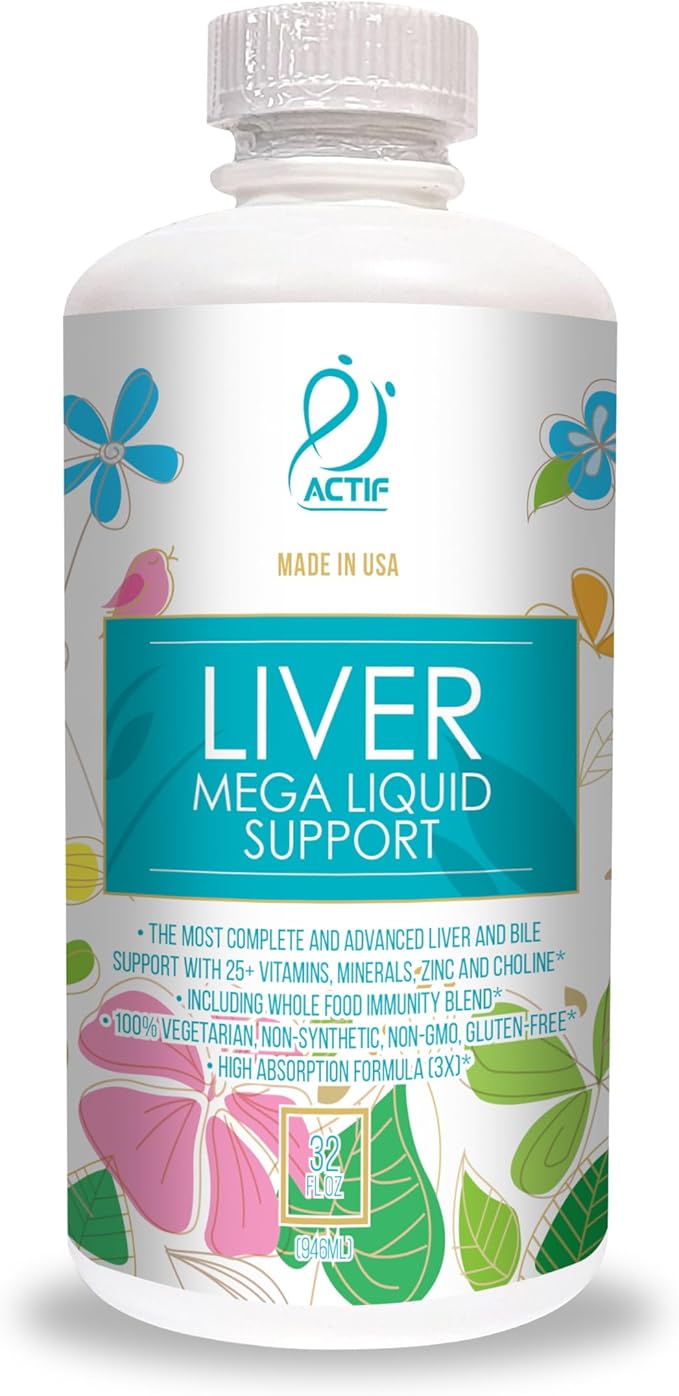 Actif Liver Mega Liquid Support - Complete Liver and Bile Maximum Strength Supplement, Non-GMO, Made in USA, 32oz