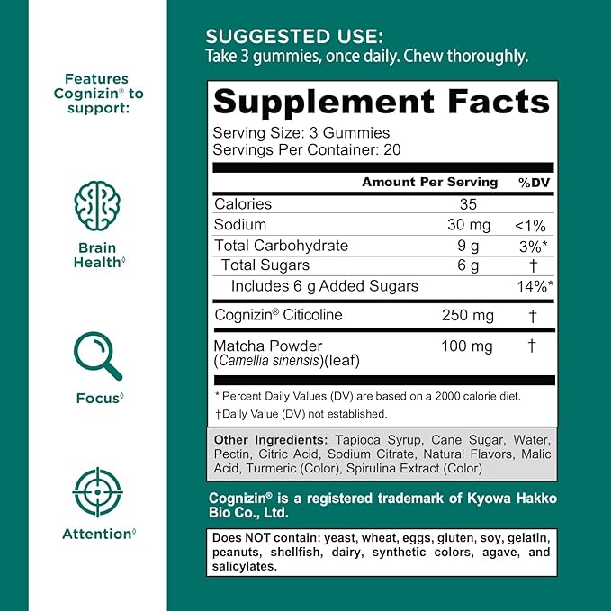 Goli Matcha Mind Gummies - 180 Count - Green Tea Leaves Powder with Cognizin for Focus, Attention and Brain Health, Vegan, Non-GMO, Gluten-Free & Gelatin Free.