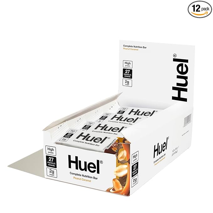 Huel Complete Nutrition Vegan Protein Bars | Peanut Caramel | 13g Protein, 27 Vitamins and Minerals, 2g Sugar, Non-GMO, 100% Plant Based Snack | 12 Pack