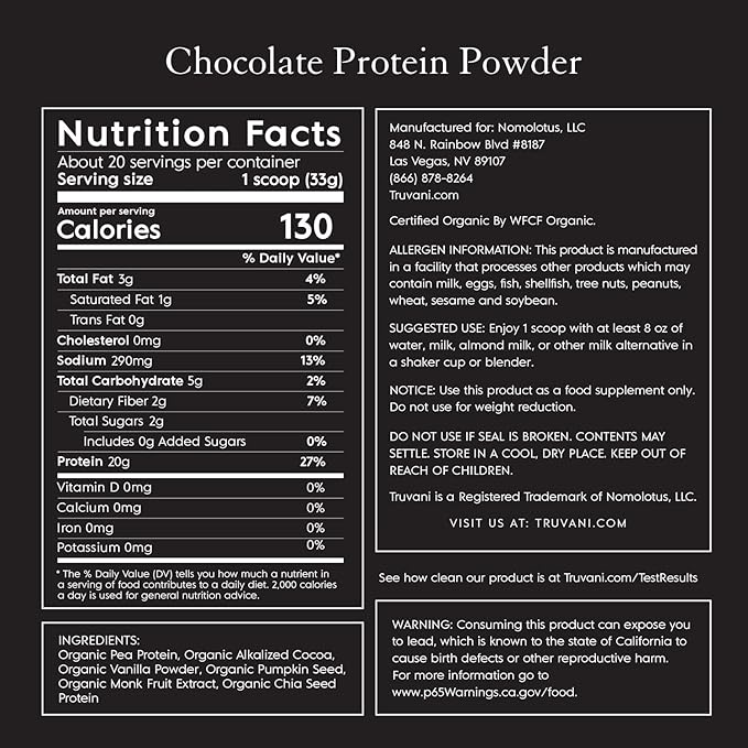 Truvani Vegan Pea Protein Powder | Chocolate | 20g Organic Plant Based Protein | 20 Servings | Keto | Gluten & Dairy Free | Low Carb | No Added Sugar