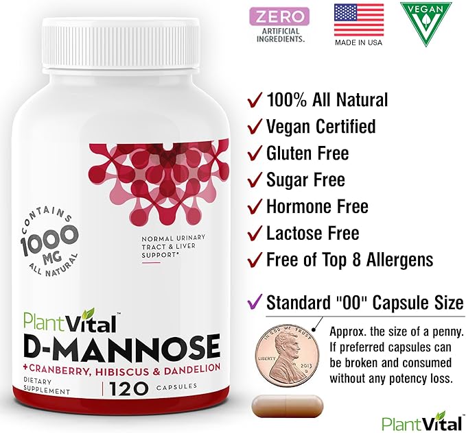 Plantvital D Mannose Capsules with Cranberry - D-mannose 1000mg Capsules - High Potency for Bladder, Kidney and Urinary Tract Support. Cranberry Powder with Hibiscus and Dandelion. 2 Months Supply