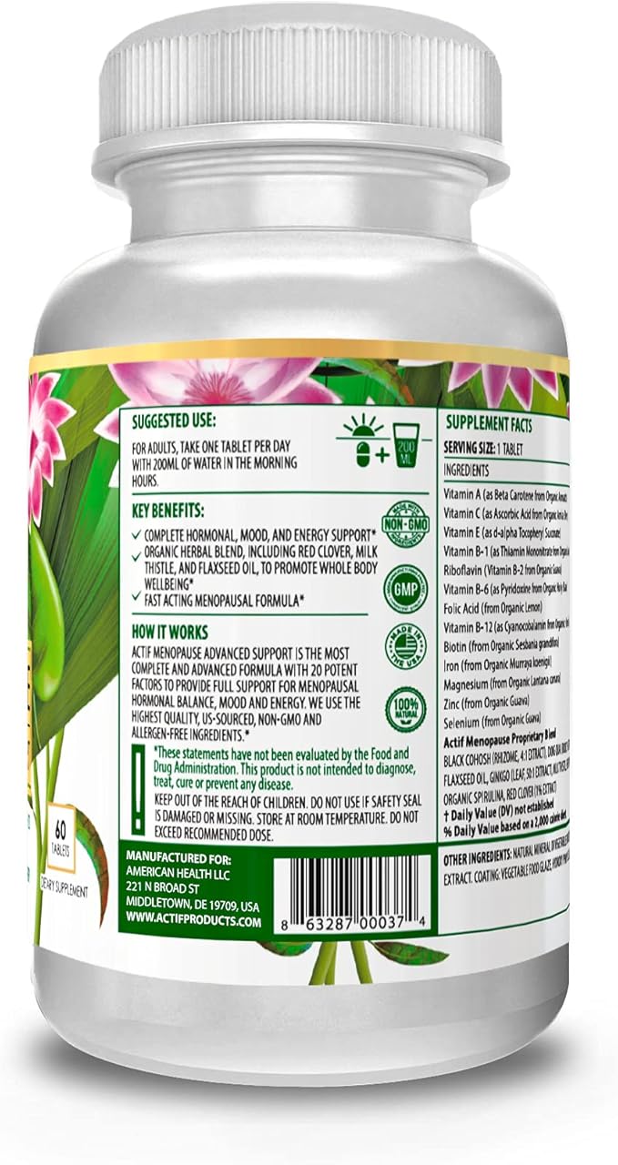 Actif Menopause Advanced Support with 20+ Organic Vitamins and Herbs - Relieves Hot Flashes, Night Sweats - Non GMO, Fast Acting, Made in USA, 60 Count