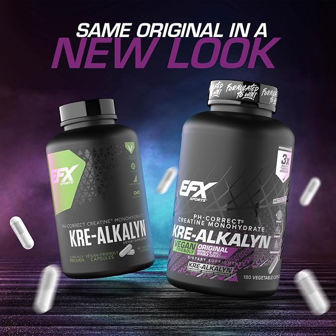 EFX Sports Kre-Alkalyn EFX | pH Correct Creatine Monohydrate Pill Supplement | Vegan Friendly | Strength & Muscle Growth | 90 Servings, 180 Veggie Capsules