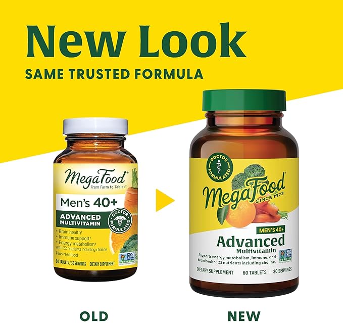 MegaFood Men's 40+ Advanced Multivitamin for Men - Dr-Formulated - Choline, Vitamin B, Vitamin C, Vitamin D, Zinc & Real Food - Brain Health, Immune Support - Vegetarian - 60 Tabs (30 Servings)