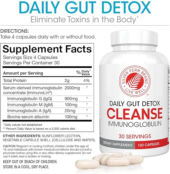 Silver Fern Cleanse - Daily Gut Detox - 2 Bottle - 240 Capsules - 60 Day Supply - Immunoglobulin G, A & M -(IgG, IGA, IgM) - Digestive System Detoxificaton & Immune System Support - Postbiotic