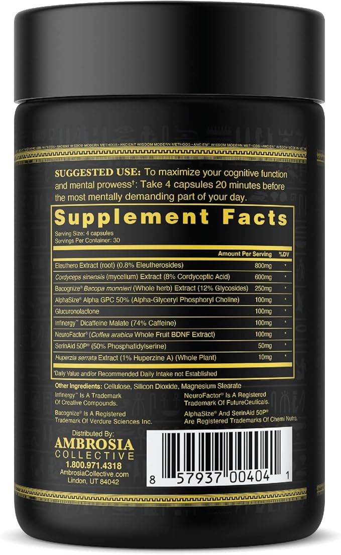 Ambrosia Mental Jewels (Capsules) - Cognitive Enhancer | Increase Memory, Communication Skills, Concentration & Focus | Alpha GPC, Choline, BaCognize | 120 Veggie Capsules (30 Day Supply)