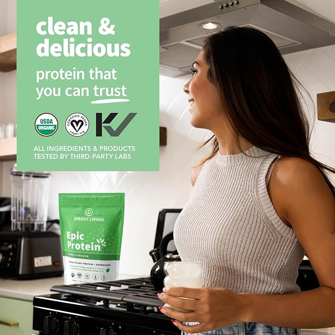 Sprout Living Epic Protein, Plant Based Protein & Superfoods Powder, Green Kingdom | 20 Grams Organic Protein Powder, Greens, Vegan, Non Dairy, Non-GMO, Gluten Free, Low Sugar (1 Pound, 12 Servings)