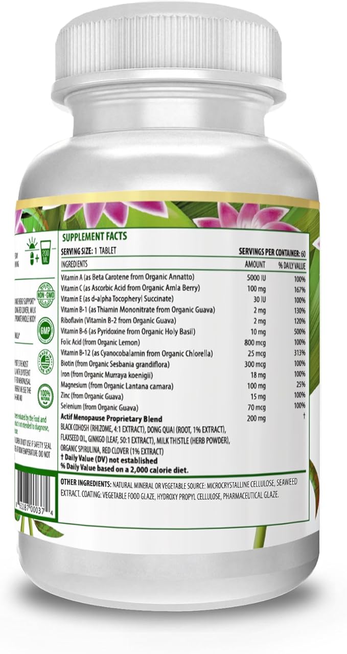 Actif Menopause Advanced Support with 20+ Organic Vitamins and Herbs - Relieves Hot Flashes, Night Sweats - Non GMO, Fast Acting, Made in USA, 60 Count