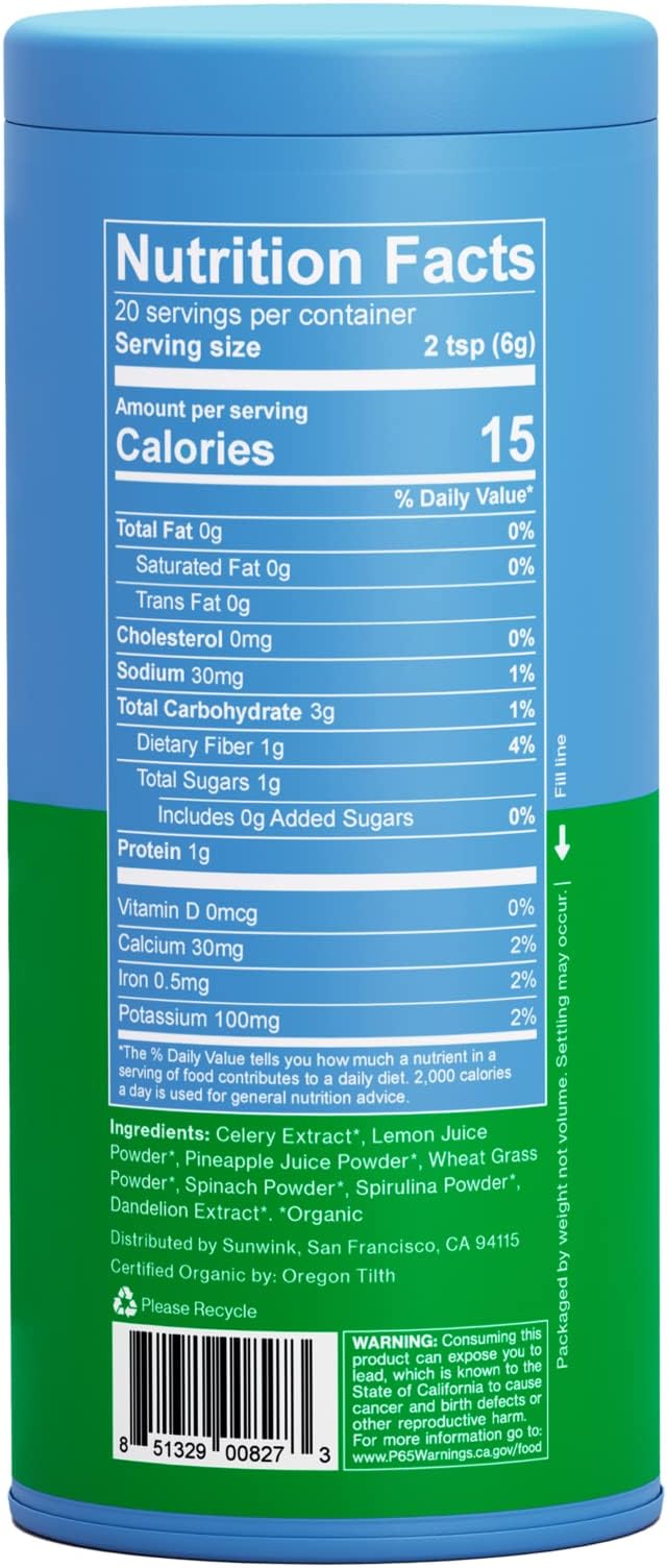 Sunwink Detox Powdered Greens - Organic Greens SuperFood Powder for Debloat - Super Greens Powder w/Celery, Dandelion, Spirulina - Daily Greens Powder for Gentle Detox - 4.2 oz (20 Servings)