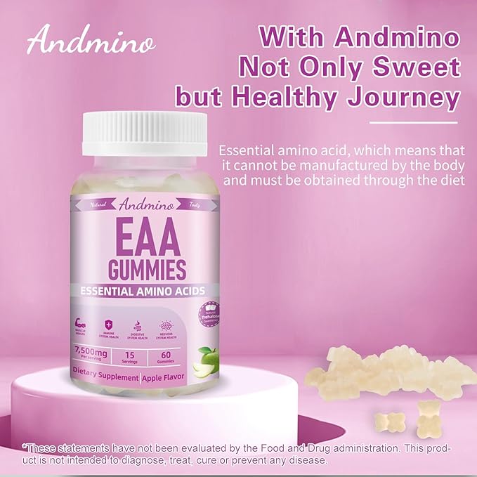 EAA Gummies 7500 mg, BCAA Gummies with Trehalose, Amino Acids Supplement for Muscle, Immune, Nervous & Digestive Health, for Adults & Kids, Non-GMO, Vegan, Gluten Free, Apple Flavor, 120