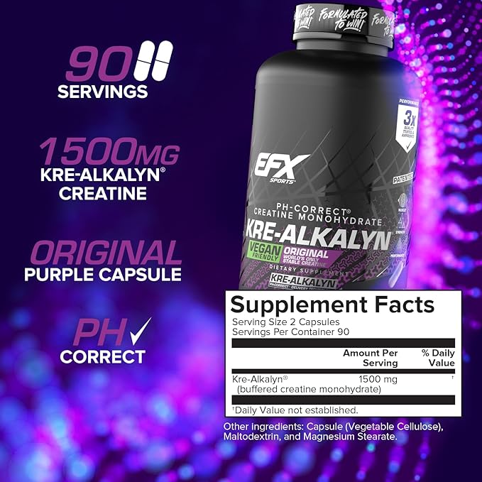 EFX Sports Kre-Alkalyn EFX | pH Correct Creatine Monohydrate Pill Supplement | Vegan Friendly | Strength & Muscle Growth | 90 Servings, 180 Veggie Capsules