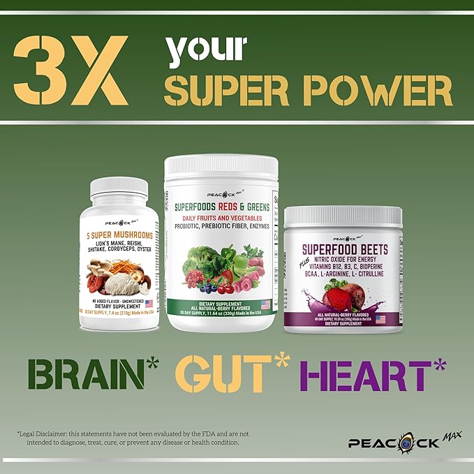 Superfood Reds & Greens Powder - 11.64 oz, Prebiotics & Probiotics for Digestive Health, Super Greens Powder with Ashwagandha for Gut Health, Immunity, Antioxidants, Vegan, Non-GMO