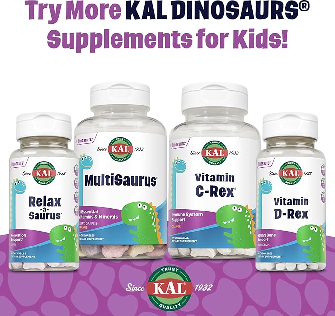 KAL MultiSaurus Kids Chewable Multivitamins, 11 Essential Vitamins and Minerals for Kids, Berry, Grape, Orange Chewables, Gluten and Fructose Free, 90 Servings, 90 Dinosaur-Shaped Chewables