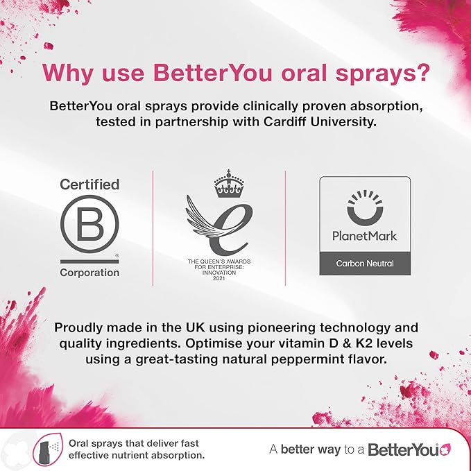 BetterYou D3000 and K2 Vitamin D Daily Oral Spray - Convenient Alternative for Tablets - Supports Bone Health and Boost Immune System - Natural Peppermint Flavor - 0.4 oz