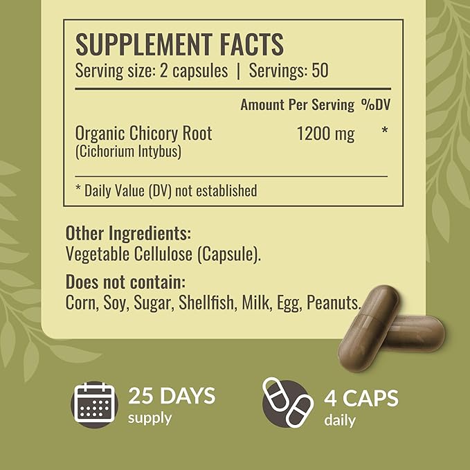HERBAMAMA Chicory Inulin Capsules - 1200 mg Chicory Root for Digestive Health - Inulin Prebiotic Fiber Gut Health Supplement - Vegan, Non-GMO - 100 Caps