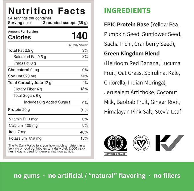 Sprout Living Epic Protein, Plant Based Protein & Superfoods Powder, Green Kingdom | 20 Grams Organic Protein Powder, Greens, Vegan, Non Dairy, Non-GMO, Gluten Free, Low Sugar (2 Pound, 24 Servings)