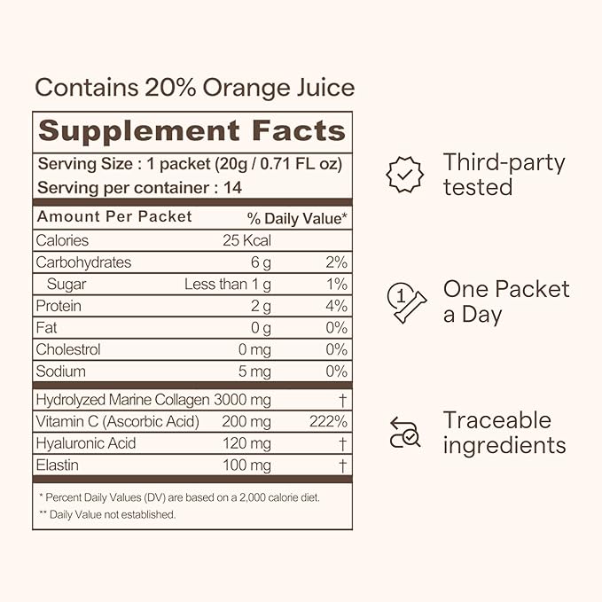 Triple Collagen Liquid Packets On-The-Go - Peptides with Hydrolyzed Marine Collagen, Elastin, Hyaluronic Acid and Vitamin for Healthy Skin - Orange Flavor - 14 Individual Stick Packs