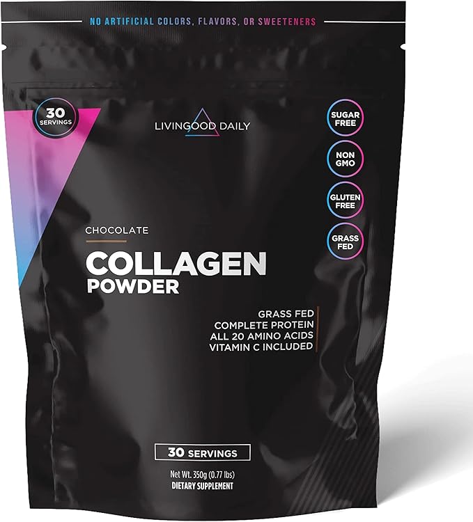 Livingood Daily Chocolate Collagen Powder - Hydrolyzed Collagen Peptides Powder Plus Vitamin C - Complete Protein with 20 Amino Acids - Type I & III, Grass-Fed, Keto, Paleo - 30 Servings, 12.3oz