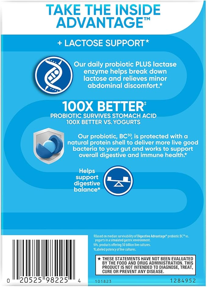 Digestive Advantage Lactose Defense with Lactase Enzymes & Probiotics for Digestive Health, Support for Breaking Down Lactose, Minor Abdominal Discomfort & Gut Health, 96ct Capsules (Pack of 3)