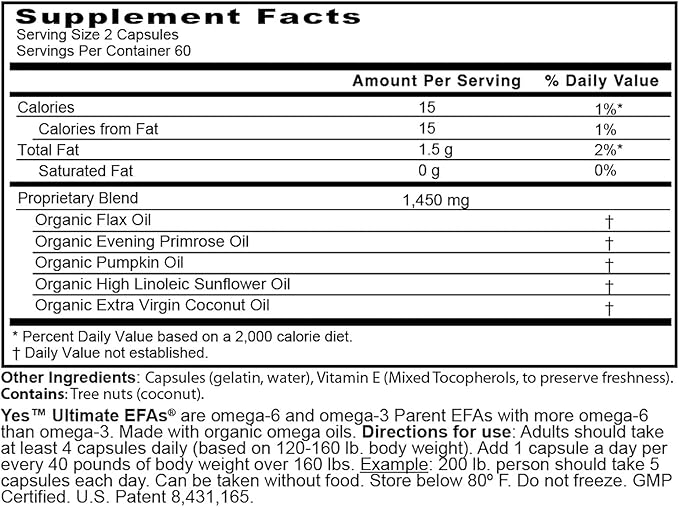 Omega 3 6 Parent EFA Fish Oil Alternative, Organic Plant Based, Vegetarian, Burpless, No Fishy Aftertaste (120 Soft Gels) by YES Your Essential Supplements. Made in USA.