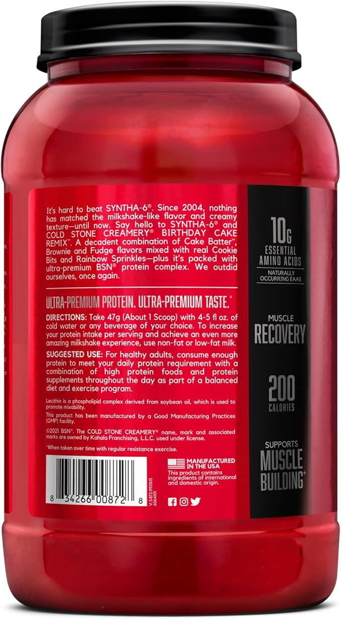BSN Syntha-6 Whey Protein Powder, Cold Stone Creamery- Birthday Cake Remix Flavor, Micellar Casein, Milk Protein Isolate Powder, 25 Servings