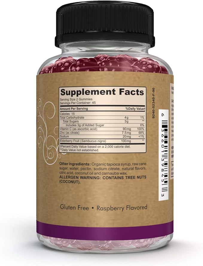 Pomona Wellness Elderberry Gummies with Zinc and Vitamin C for Immune Support 3-1 Chewable Black Elderberry Gummy Supplement for Kids and Adults, Vegan, 90 Gummies