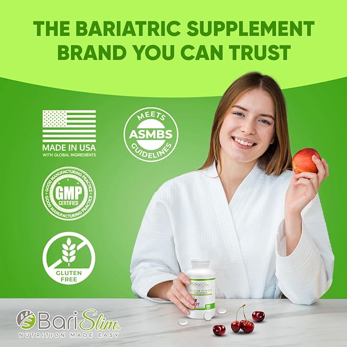 BariSlim Bariatric Calcium Citrate with Magnesium & Vitamin D Tabs - 500mg Calcium Citrate - Formulated for Post Weight Loss Surgery - Supports Bone Health | Cherry