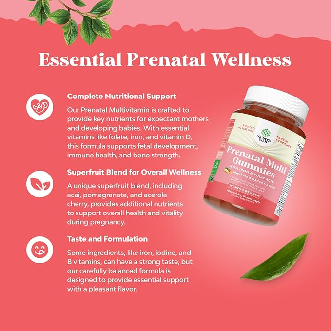 Vegan Prenatal Gummies for Women - Gummy Prenatal Vitamins for Women with Iron Folic Acid and Superfruit Blend - Chewable Prenatal Vitamins for Women Gummy Formula (Pineapple Mango) - 2 Months