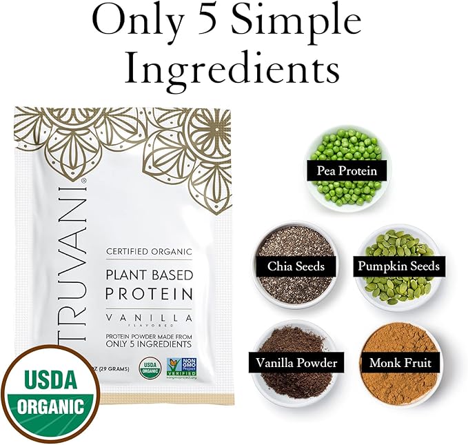 Truvani Vegan Pea Protein Powder | Vanilla | 20g Organic Plant Based Protein | 1 Serving | Keto | Gluten & Dairy Free | Low Carb | No Added Sugar