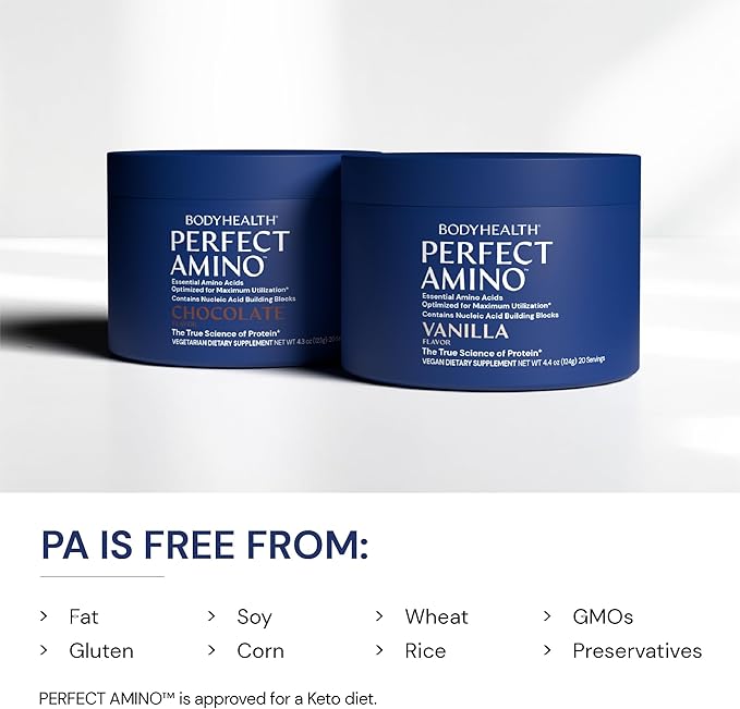 BodyHealth PerfectAmino Powder - BCAA and EAA Powder for Pre and Post Workout - Amino Acid Energy Drink Powder for Men and Women to Support Lean Muscle and Recovery - Chocolate - 20 Servings