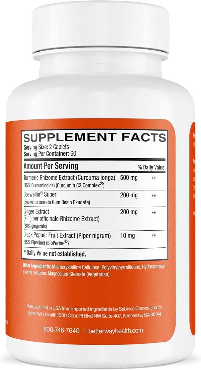 Better Way Health Curcumin Plus - Curcumin C3® Complex + Boswellin® Super + BioPerine® + Ginger - 120 Caplets