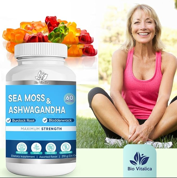 BIO VITALICA Sea Moss Ashwagandha Gummies - Organic Irish Seamoss & Ashwa Root Powder Supplements for Supporting Energy & Immunity for Men and Women