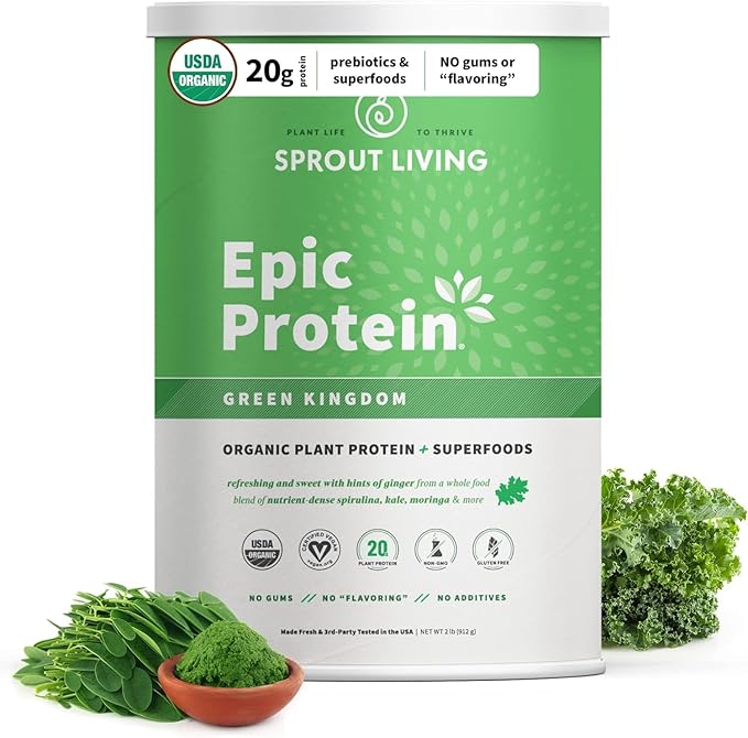 Sprout Living Epic Protein, Plant Based Protein & Superfoods Powder, Green Kingdom | 20 Grams Organic Protein Powder, Greens, Vegan, Non Dairy, Non-GMO, Gluten Free, Low Sugar (2 Pound, 24 Servings)