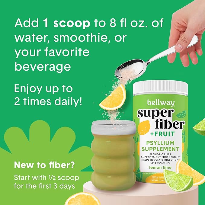 Bellway Super Fiber Powder + Fruit, Sugar Free Organic Psyllium Husk Powder Fiber Supplement for Regularity, Bloating Relief & Gut Health, Non-GMO, Plant-Based, Lemon Lime (50 Servings)