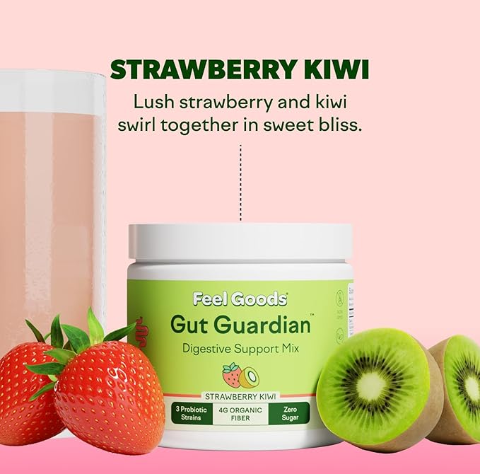Feel Goods Gut Guardian, Prebiotic & Probiotic Powder, Sugar Free, Organic Fiber, Herbs for Bloat, Gut Health Support, Digestive Health for Men & Women, Non GMO, Vegan | Strawberry Kiwi, 30 Servings