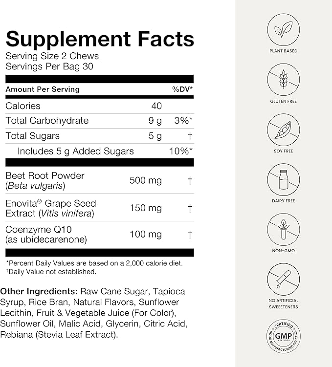humanN SuperBeets Heart Chews Advanced - 100mg of CoQ10 Plus Beetroot & Grape Seed Extract, 60 Count