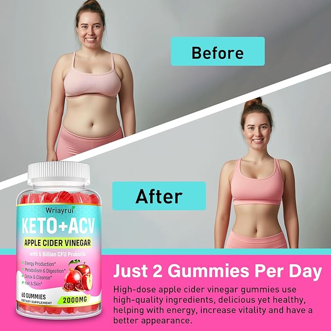 Apple Cider Vinegar Gummies, Fast Ripped Keto ACV Gummies, Max Strength 2000mg, Formulated with Green Tea, Probiotics, B6 & B12, ACV Gummies for Metabolism, Digestion, Detox & Cleanse, 60 Gummies