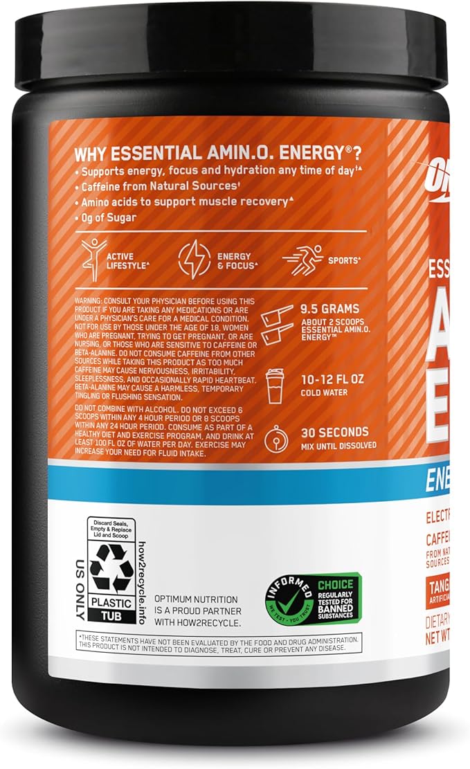 Optimum Nutrition Amino Energy Powder Plus Hydration, with BCAA, Electrolytes, and Caffeine, Tangerine Wave, 30 Servings (Packaging May Vary)