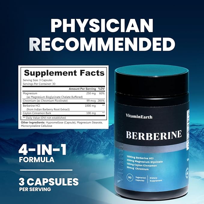 Berberine Supplement - Doctor Formulated Berberine HCL Complex 1000mg per Serving - Pure Berberine with Ceylon Cinnamon Plus Chromium Picolinate, & Magnesium Glycinate - 90 Capsules