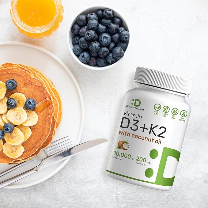 DEAL SUPPLEMENT Vitamin D3 10,000 IU + K2 MK7 200 mcg, Infused with Virgin Coconut Oil, 250 Softgels, Double Strength Vitamin D & K, Promotes Heart, Bone & Teeth Health - Very Easy to Swallow