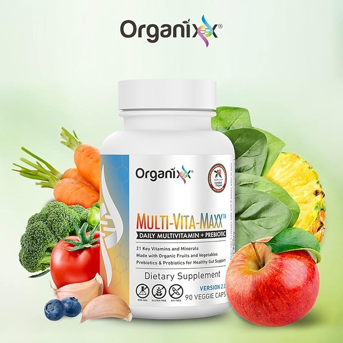 Organixx Vegan Multivitamin for Women & Men, Prebiotic with Vitamin C, D3, Vitamin B Complex, Probiotics, Organic Fruits and Vegetables, Supports Digestive, Gut Health, Immune Support, 90 Gel Capsules