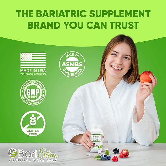 BariSlim Bariatric Calcium Citrate with Magnesium and Vitamin D Tabs - 500 mg of Calcium Citrate Per Serving - Formulated for Patients After Weight Loss Surgery | Mixed Berry (90 Servings)