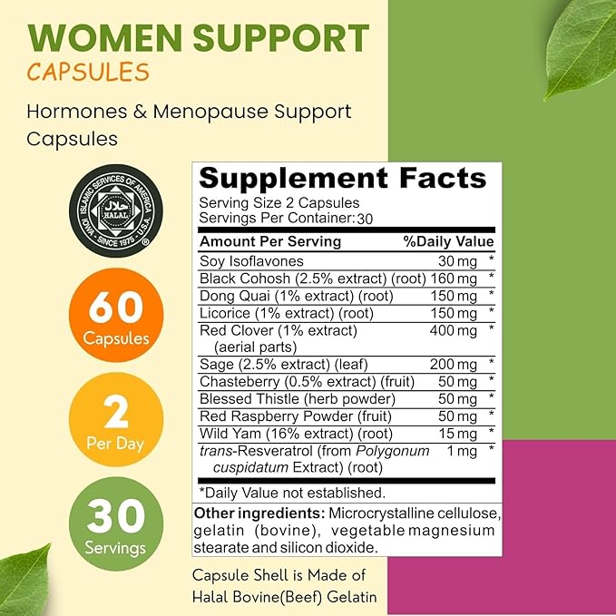 Hormones Balance & Menopause Supplements for Women, Menopause Relief - Support for Hot Flashes, Mood Swings w/Black Cohosh & Red Clover Halal Vitamins, 30 Servings
