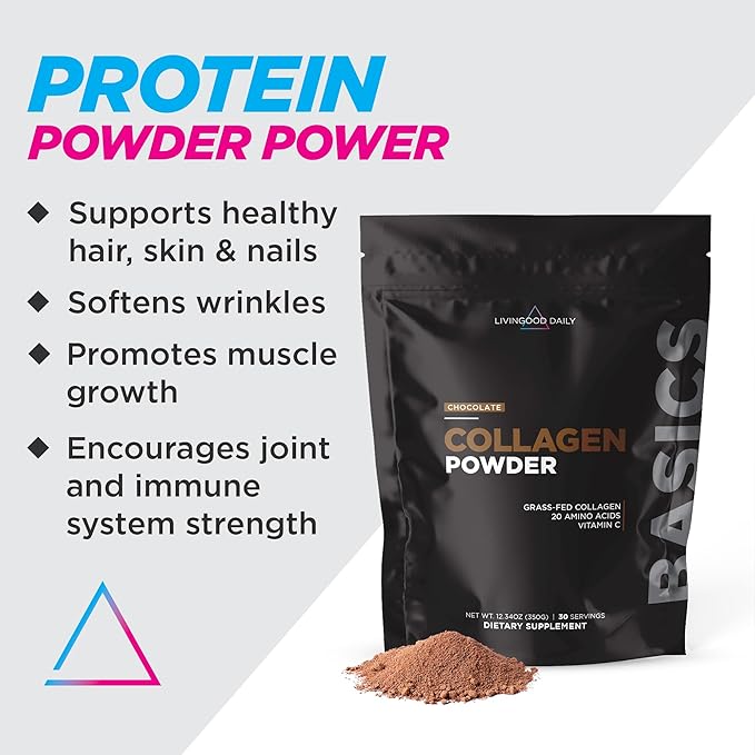 Livingood Daily Chocolate Collagen Powder - Hydrolyzed Collagen Peptides Powder Plus Vitamin C - Complete Protein with 20 Amino Acids - Type I & III, Grass-Fed, Keto, Paleo - 30 Servings, 12.3oz