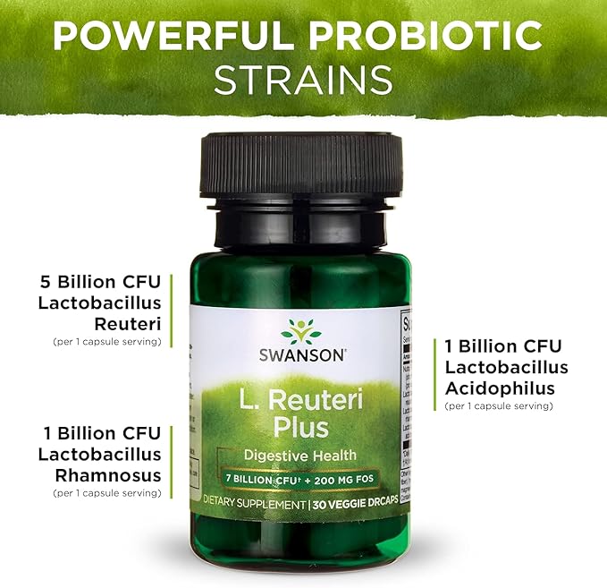 Swanson L. Reuteri Probiotic Plus w/L. Rhamnosus L. Acidophilus & FOS Prebiotic Digestive Support - Promotes Gut Health w/ 7 Billion CFU per Capsule - (30 Veggie Capsules) 3 Pack