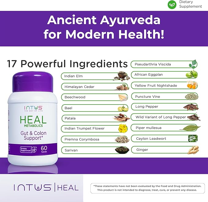Intus Heal – Gut Health Intus Herbal Support for Digestive Support – Ayurvedic Blend for Complete Wellness – 60 Tablets for Men and Women